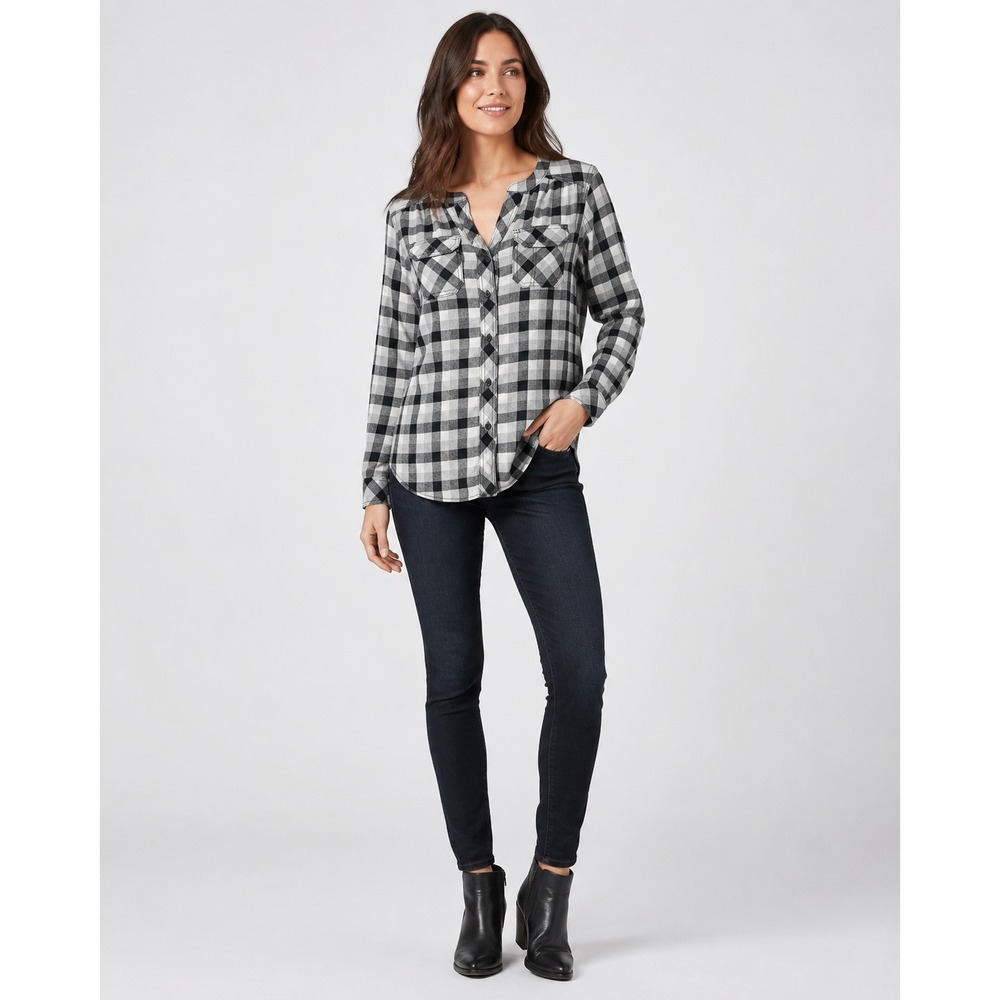 Duluth Trading Button‎ Front Shirt Womens XS Black White Plaid Cotton Polyester